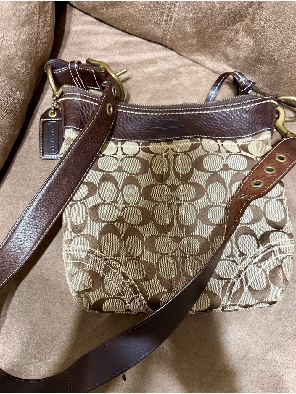 Coach Tan and Brown Signature Canvas Crossbody Bag
